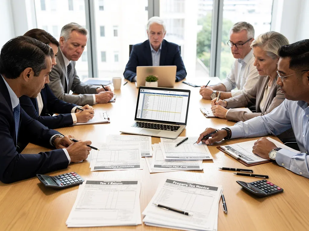 Property owners reviewing complex tax documents and financial statements