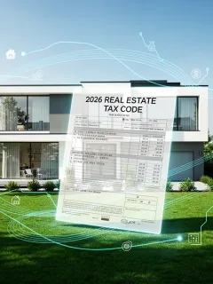 Modern house with tax document overlay, representing 2026 real estate tax code updates