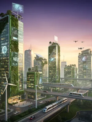 Futuristic skyline with green buildings and advanced technology, symbolizing real estate innovation.