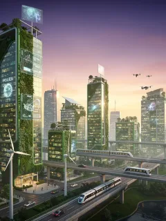 Futuristic skyline with green buildings and advanced technology, symbolizing real estate innovation.