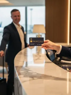 Traveler presenting Priority Pass card at airport lounge reception