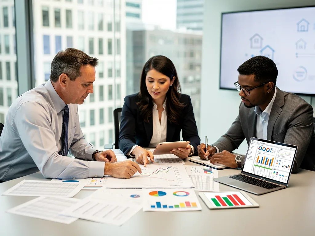 Team of experts collaborating on real estate market analysis and appraisal data.