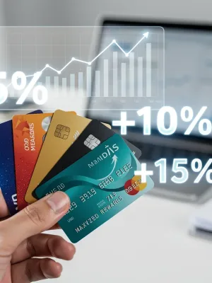 Hand holding credit cards with digital reward growth overlay