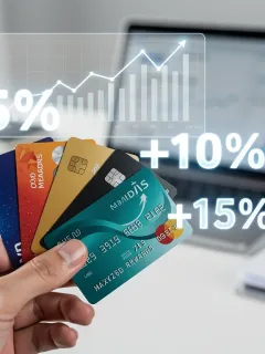 Hand holding credit cards with digital reward growth overlay