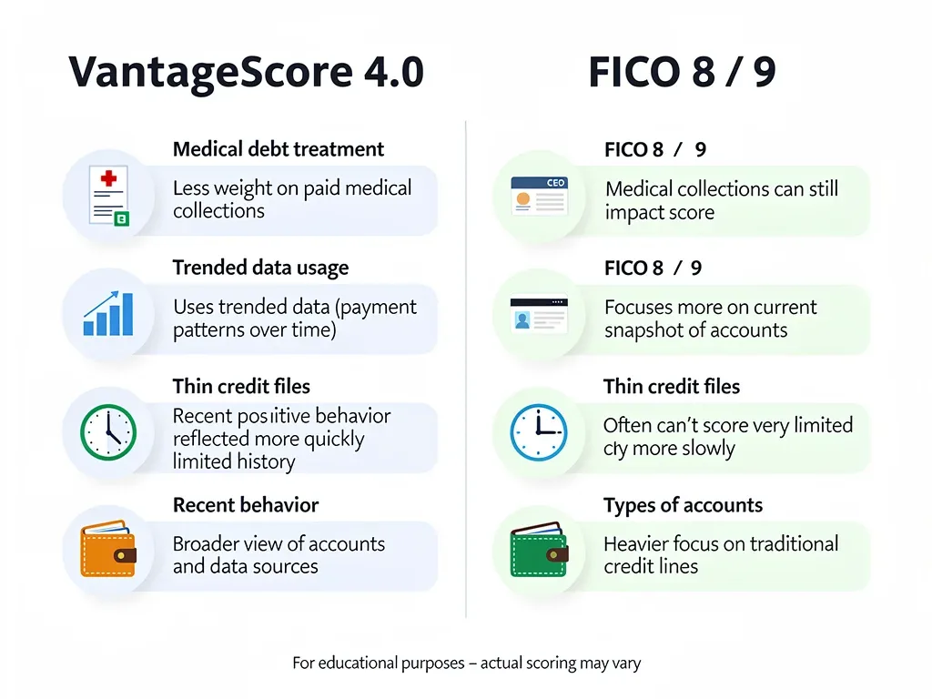 Comparative chart showing differences between VantageScore 4.0 and traditional FICO models, detailing data usage and impact on credit profiles.