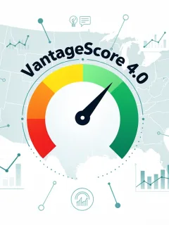 VantageScore 4.0 credit score dial with data points and US map background, illustrating its growing presence in the American financial landscape.