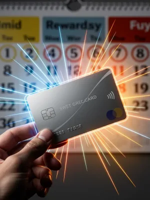 Hand holding credit card with glowing limited-time perks, calendar in background