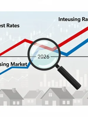 Economic forecast showing a 0.75% federal rate hike impact on real estate investors by 2026, with graphs and housing symbols.