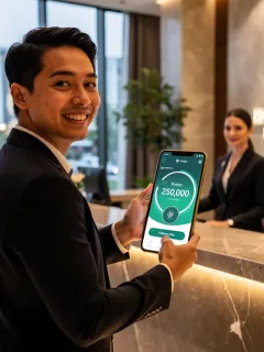 Traveler checking into a hotel, smartphone showing loyalty points