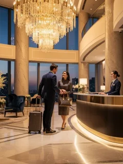 Luxury hotel lobby with couple checking in, representing premium credit card hotel elite status.