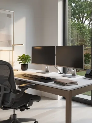 Modern home office with natural light and ergonomic furniture
