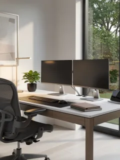 Modern home office with natural light and ergonomic furniture