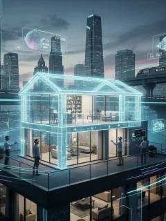 Futuristic cityscape with digital real estate projections, symbolizing advanced property tech