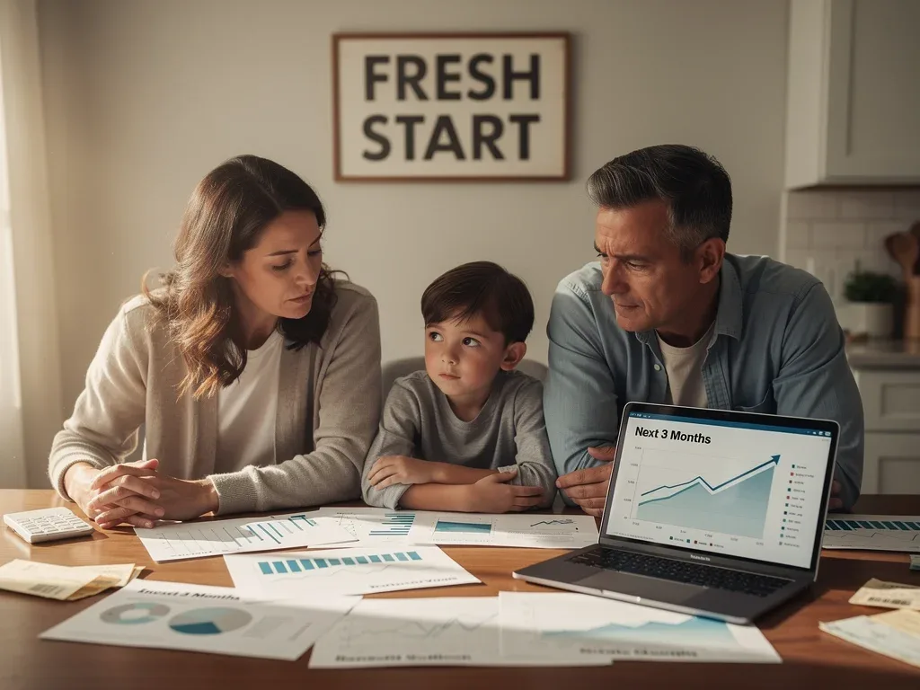 Family reviewing financial charts and 'fresh start' sign, representing debt relief.