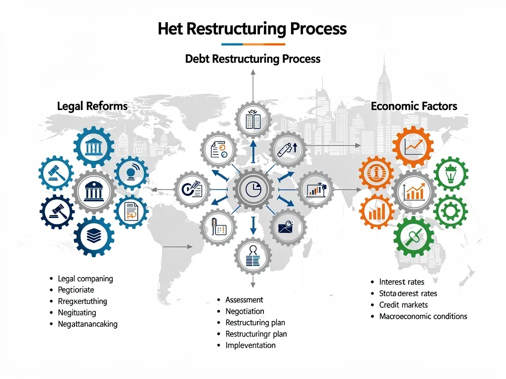 Complex gears and flowchart depicting business debt restructuring and legal reforms.