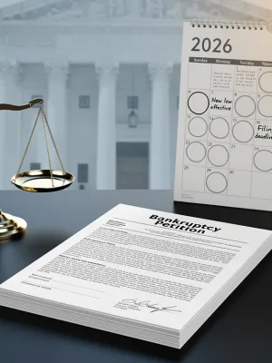 Scales of justice and legal documents with 2026 calendar, symbolizing US bankruptcy law changes.