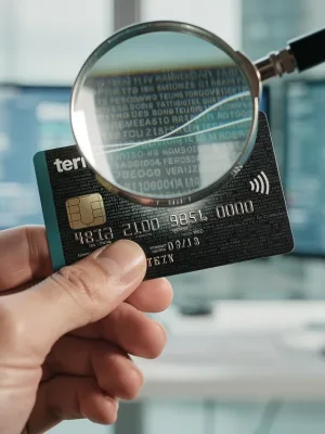 Magnifying glass over a credit card, revealing hidden benefits and savings.