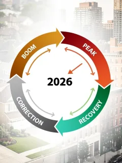 Graph showing real estate market cycles with a projected correction in 2026, with houses in the background.