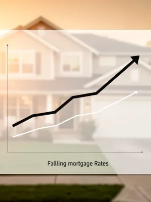 Graph showing inverse relationship between mortgage rates and property valuations, with suburban home background.