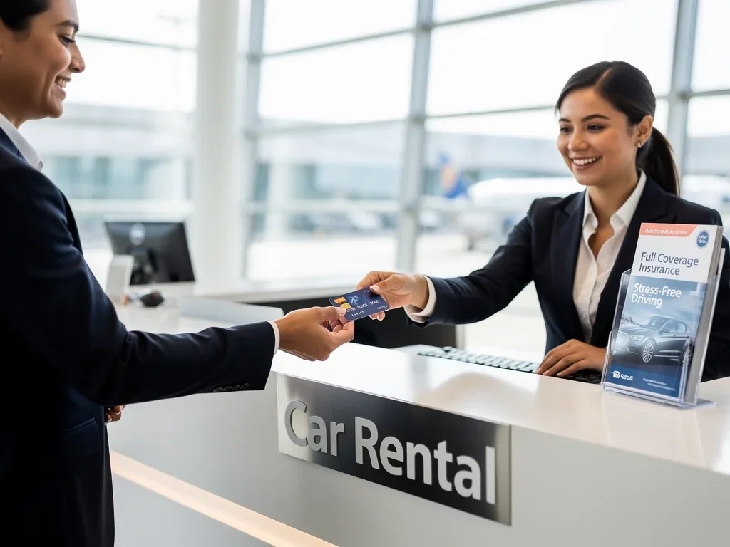 Customer confidently using credit card at rental car counter