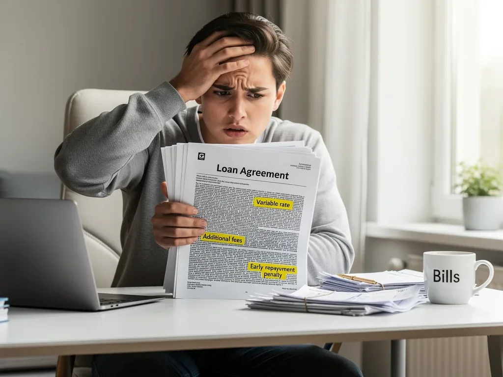 Stressed person reviewing complex loan documents