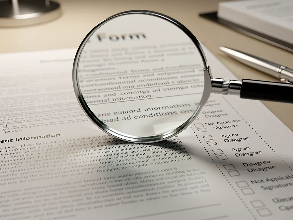 Magnifying glass examining intricate details of real estate disclosure forms for 2026.