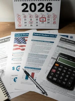Federal student loan documents, calculator, calendar marked 2026