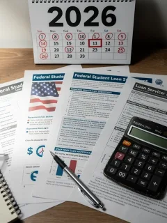 Federal student loan documents, calculator, calendar marked 2026