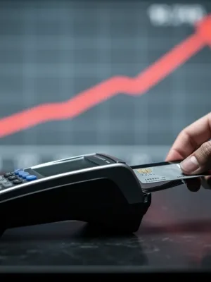 Credit card being used at a terminal, representing increasing US household debt