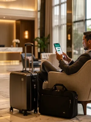 Man using phone in elegant hotel lobby to access concierge services.