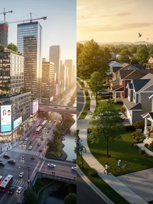 Urban skyline versus suburban homes, depicting the 2026 real estate market trends.