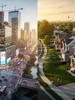 Urban skyline versus suburban homes, depicting the 2026 real estate market trends.