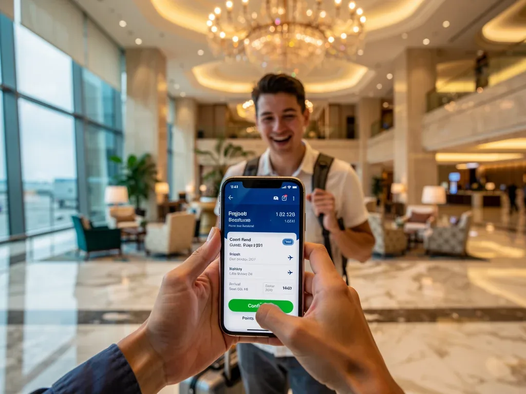Person viewing travel booking on phone, luxurious hotel background, representing maximized points redemption.