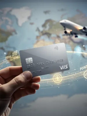 Hand holding credit card with glowing points, world map in background, symbolizing travel and financial benefits.
