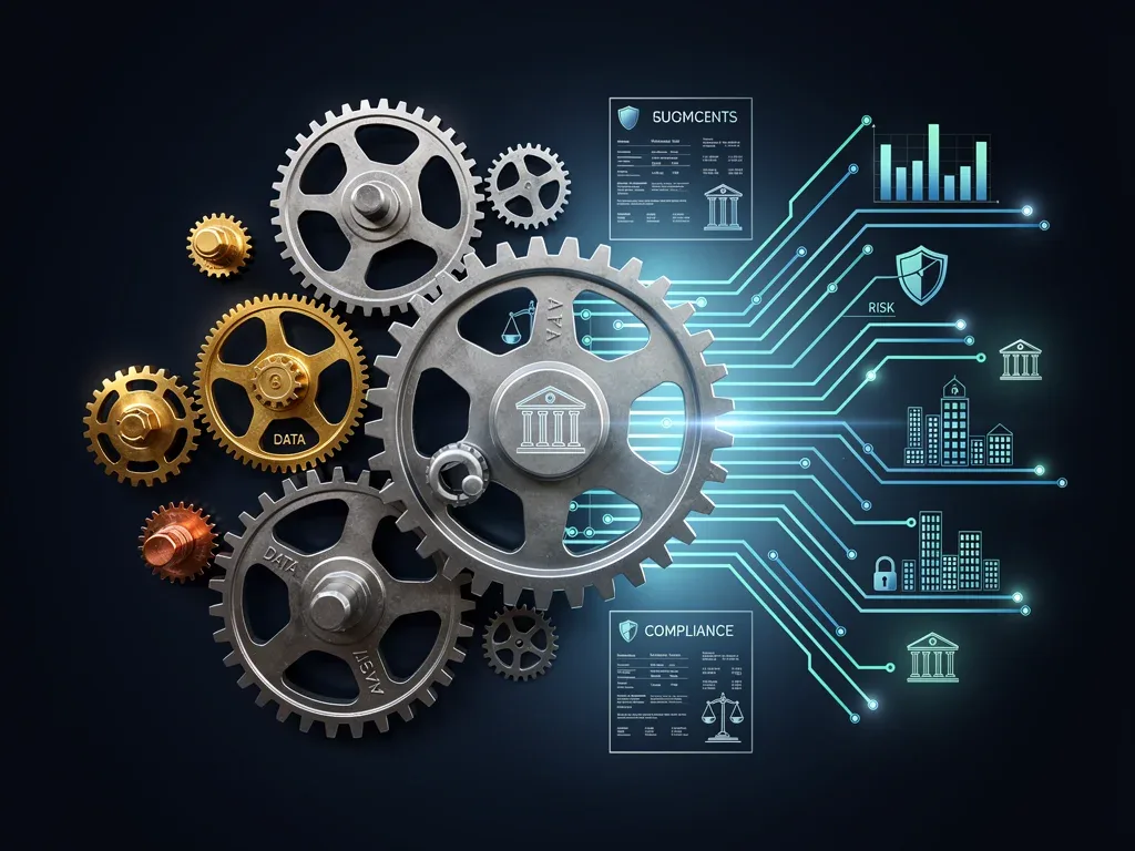 Interconnected gears and circuits representing FinTech and data privacy in credit.