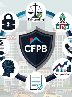 CFPB shield with five icons representing key priorities for 2026 in US credit markets.