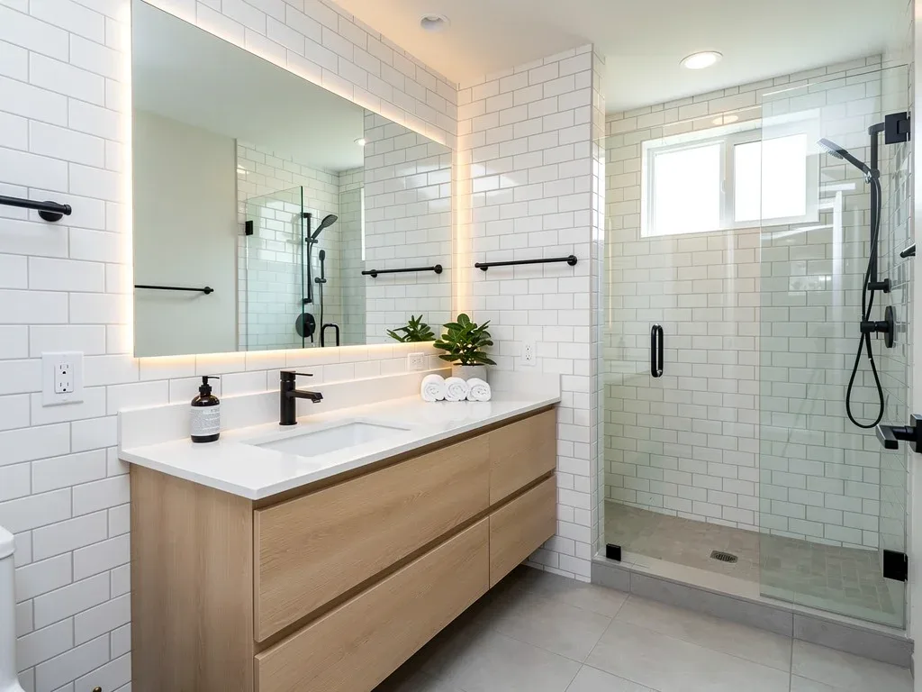 Contemporary bathroom renovation with new fixtures and tiling