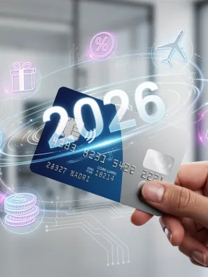Hand holding credit card with 2026 changes overlay and rewards icons