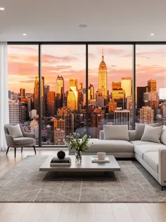 Modern living room with city skyline view, staged for a high-value real estate sale.
