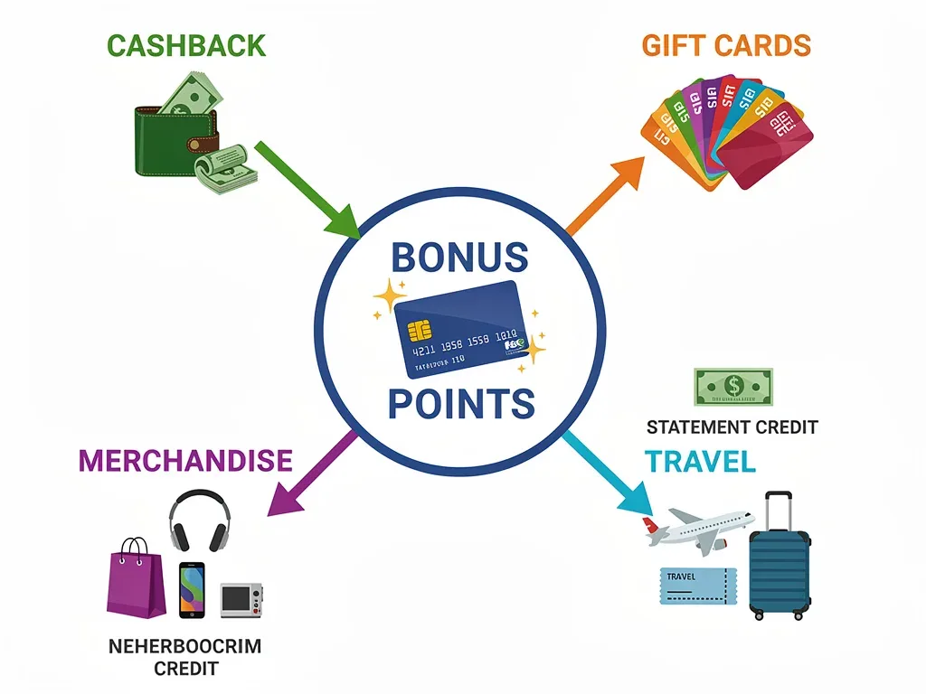 Infographic showing diverse redemption options for credit card bonus points.