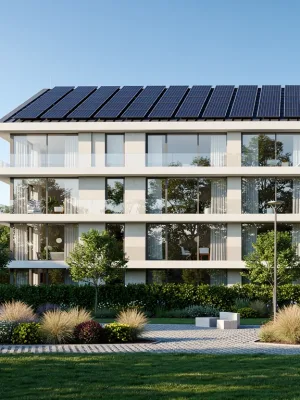 Modern eco-friendly residential building with solar panels and green landscaping