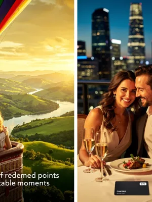 Couple enjoying a luxurious hot air balloon ride at sunset, symbolizing premium experience redemption.