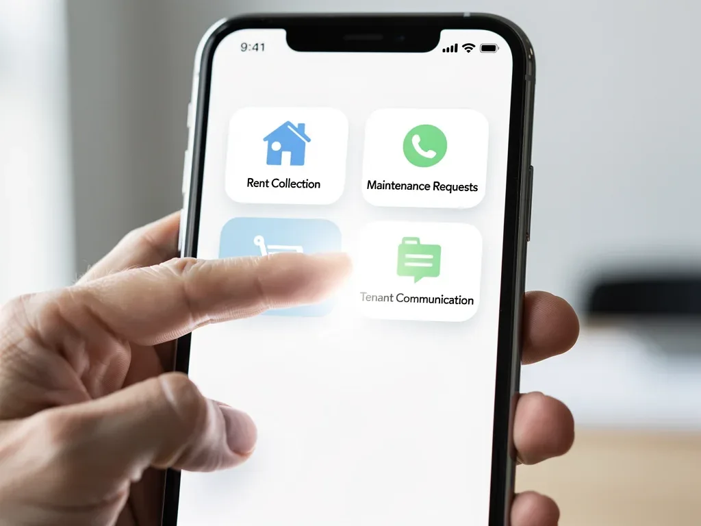 Smartphone displaying a property management app for rent collection, maintenance, and tenant communication.