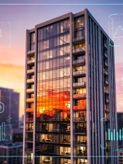Modern apartment building reflecting city skyline at sunset, symbolizing advanced property management and urban living.
