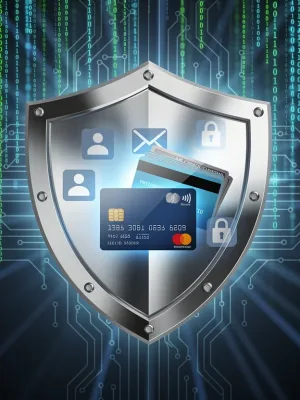 Digital shield protecting credit cards and personal data, representing the Credit Reporting Act of 2026.