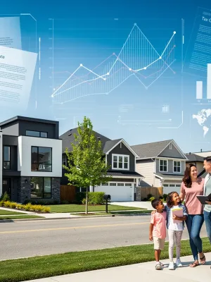 Modern suburban homes under a blue sky with digital policy overlays, representing the 2026 housing market and its policy changes.