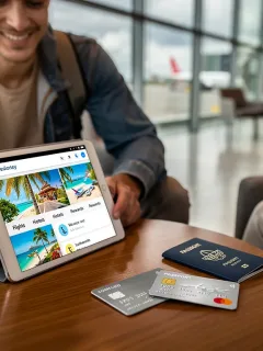 Traveler planning trip with digital tablet, credit card, and passport, highlighting 2026 rewards program changes.