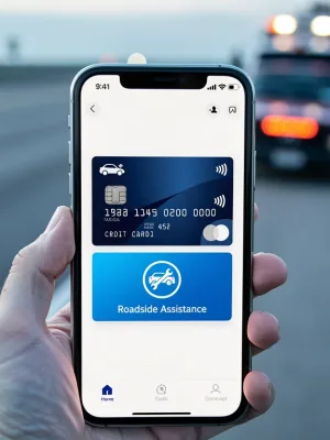 Smartphone displaying credit card app for roadside assistance on a highway.