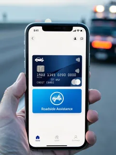 Smartphone displaying credit card app for roadside assistance on a highway.
