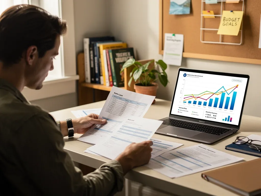 Person analyzing financial data for auto loan